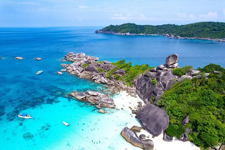 Aerial view of rocky coastline and Sailing Boat Rock, Similan Islands